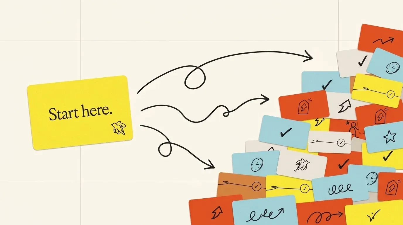 A short line of text on a card, with arrows to a growing stack of company cards