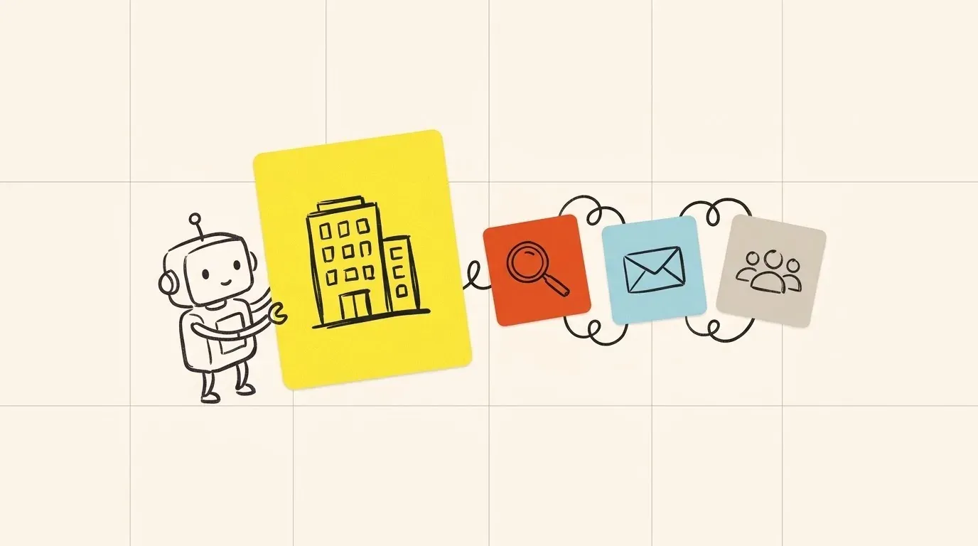 A small robot holding a company card, with a chain of three small tool cards for search, e-mail and people