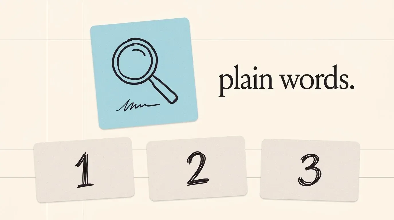 A magnifier over a card with a short line of text, and three ranked cards below