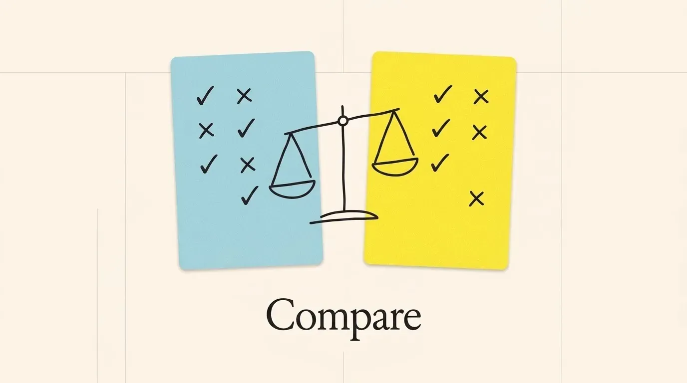 Two paper cards side by side with a balance scale between them