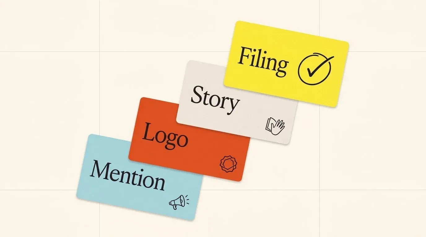 Four paper cards rising like steps from weak to strong proof, labelled Mention, Logo, Story and Filing, with a check mark on Filing