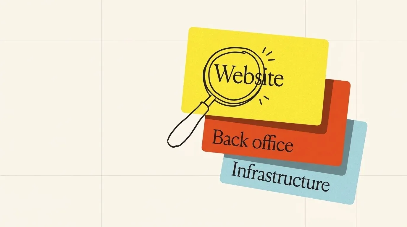 Three stacked paper cards labelled Website, Back office and Infrastructure, with a magnifying glass over the top card
