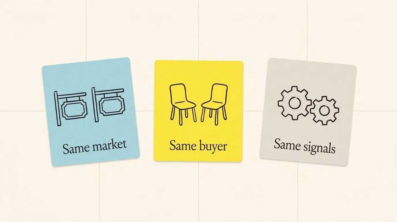 Three tilted paper cards: two shop signs labelled Same market, two matching chairs labelled Same buyer, and two gears labelled Same signals