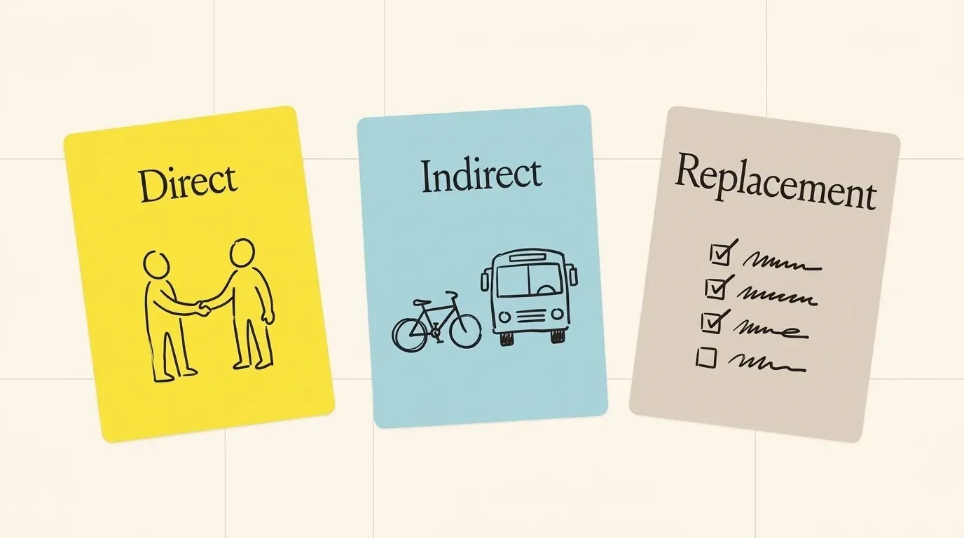 Three paper cards labelled Direct, Indirect and Replacement: two people shaking hands, a bicycle next to a bus, and a hand-written checklist