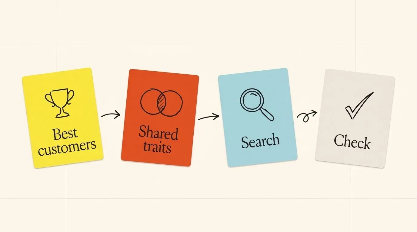 Four paper cards joined by arrows: a trophy labelled Best customers, two circles labelled Shared traits, a magnifying glass labelled Search, and a check mark labelled Check