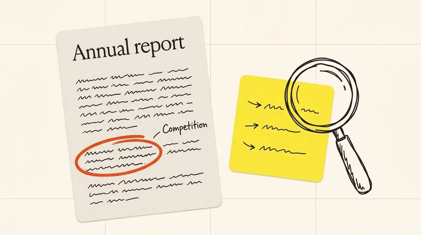 An annual report page with one paragraph circled and marked Competition, next to a note card and a magnifying glass