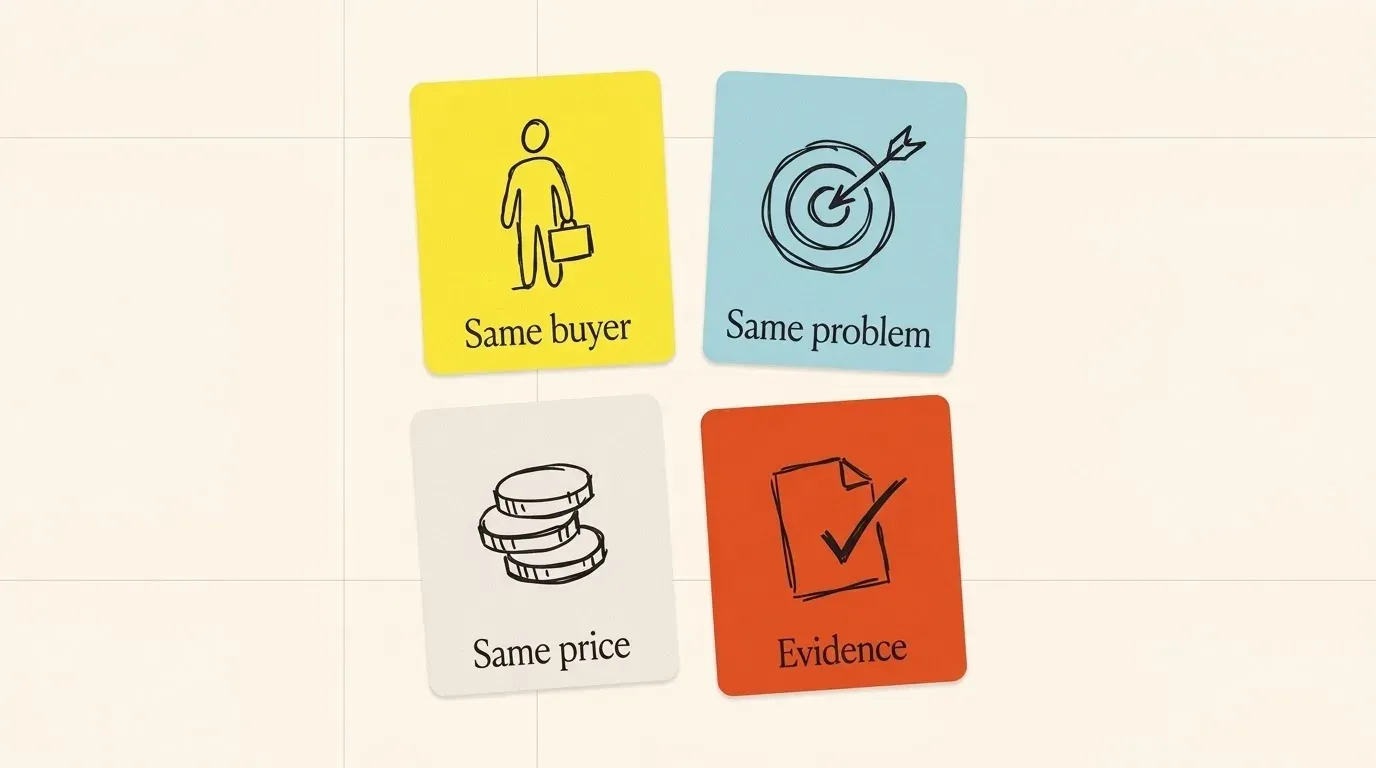 Four cards for the four checks: Same buyer, Same problem, Same price and Evidence
