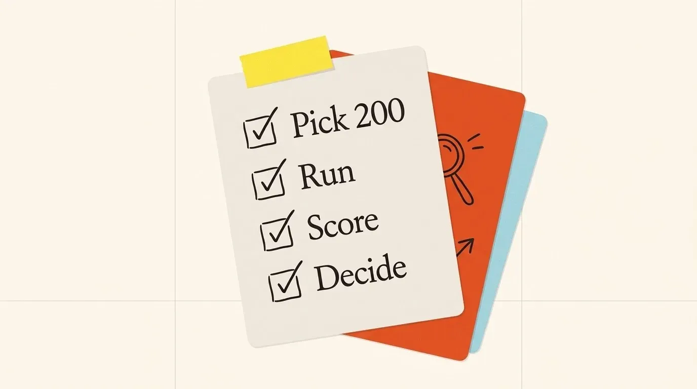 A checklist card with four steps labelled Pick 200, Run, Score and Decide, with ink check marks
