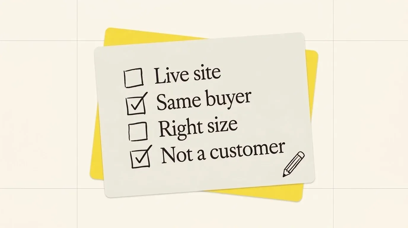 A checklist card on a yellow card with four lines: Live site, Same buyer, Right size, Not a customer