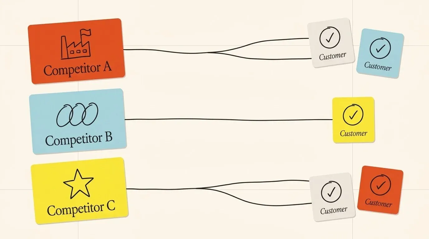 Three competitor cards, each with lines to small customer cards that have a check mark