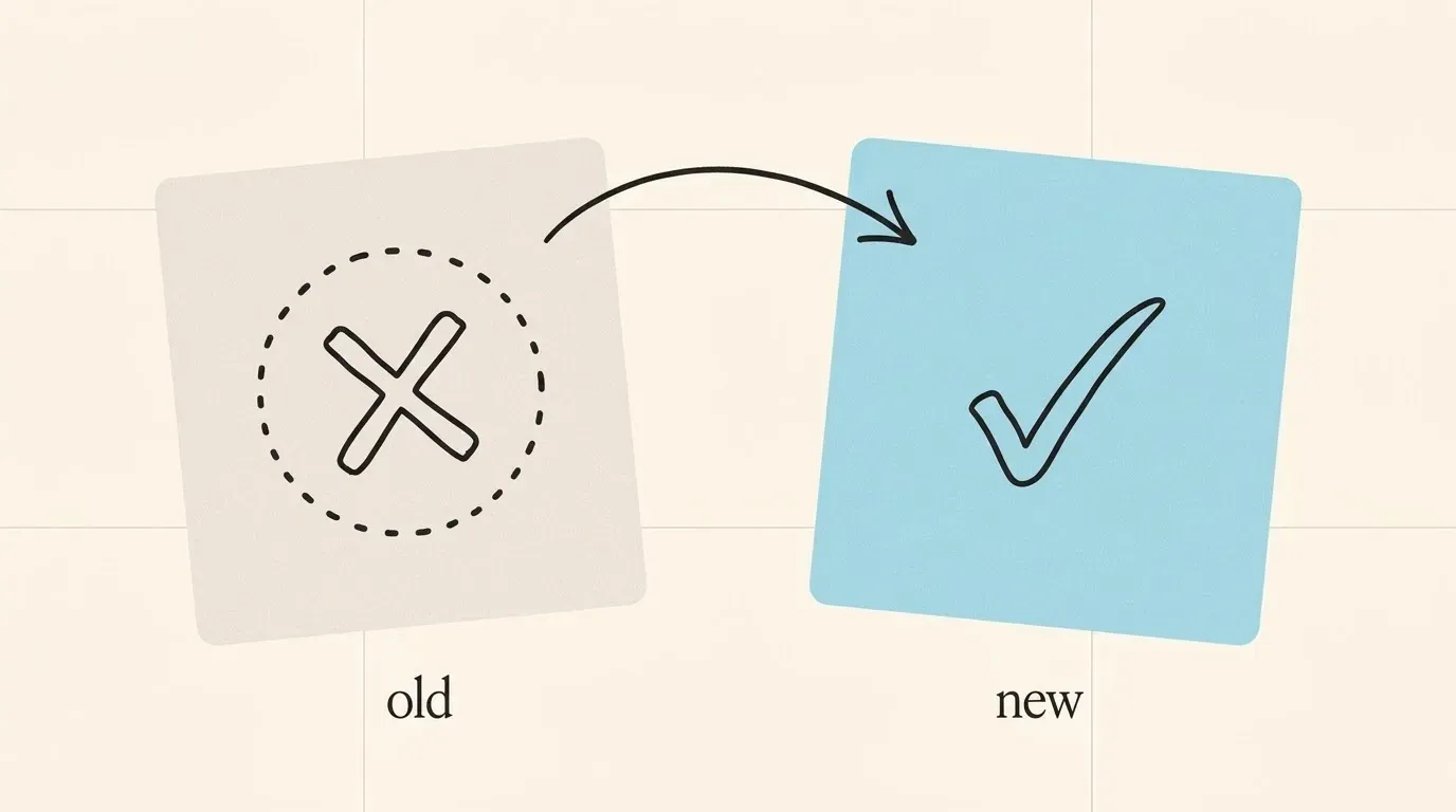 A faded card with a cross and an arrow to a bright card with a check mark, marked old and new