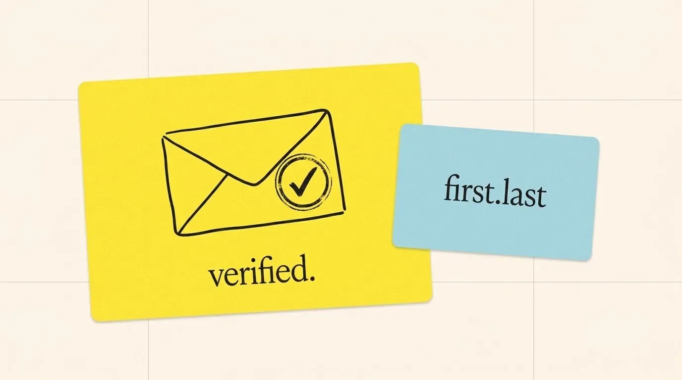 An envelope card with a check mark next to a card with the words first.last